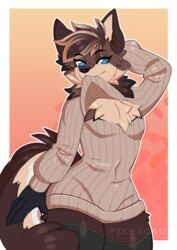  2022 anthro biting_clothing black_body black_fur black_nose blue_eyes brown_body brown_fur canid canine chest_tuft clothed clothing crossdressing digital_drawing_(artwork) digital_media_(artwork) femboy foshka fur gradient_background hand_behind_head hi_res legwear looking_at_viewer male mammal maned_wolf orange_background portrait simple_background solo sweater tan_body tan_fur techagau thigh_highs three-quarter_portrait topwear tuft 