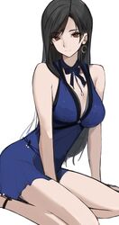  bad_id bad_twitter_id bare_arms bare_legs blue_dress breasts brown_eyes brown_hair cleavage crescent crescent_earrings dress earrings feet_out_of_frame female final_fantasy final_fantasy_vii final_fantasy_vii_remake highres jewelry large_breasts long_hair looking_at_viewer neck_ribbon official_alternate_costume purple_dress ribbon rrr_ato seiza short_dress sitting smile solo tifa_lockhart tifa_lockhart_(refined_dress) 