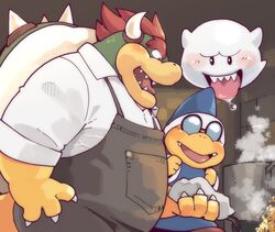  anthro appliance apron blush bodily_fluids boo_(mario) bowser casual_clothing clothed clothing cooking cooking_pot dripping drooling eyewear fire fully_clothed garouzuki girl_staring_at_man&#039;s_chest glasses group kamek koopa magikoopa male mario_bros nintendo pan reptile saliva saliva_drip saliva_string scalie shirt stove tongue tongue_out topwear white_clothing white_shirt white_topwear 