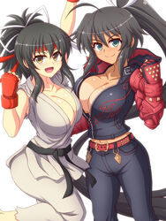  2girls ahoge alternate_costume arm_up armpit_crease asuka_(senran_kagura) asymmetrical_docking belt belt_buckle bikini_tan black_hair blush breast_press breasts brown_eyes buckle cleavage clenched_hands collarbone commentary_request commission cosplay crossover dark-skinned_female dark_skin denim dougi fingerless_gloves gauntlets gloves green_eyes hair_ribbon hand_up headband high_ponytail homura_(senran_kagura) jacket jeans karate_gi kazama_jin kazama_jin_(cosplay) large_breasts long_hair looking_at_viewer martial_arts_belt midriff_peek multiple_girls navel open_mouth pants pixiv_commission ponytail red_belt red_headband ribbon ryu_(street_fighter) ryu_(street_fighter)_(cosplay) senran_kagura senran_kagura_estival_versus senran_kagura_shoujo-tachi_no_shin&#039;ei shiny_skin short_hair short_ponytail simple_background smile smirk standing street_fighter studded_belt tan tanlines tekken torn_clothes torn_pants torn_sleeves very_long_hair white_background white_ribbon zetsumu zipper 