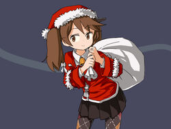  argyle_clothes argyle_legwear bell black_skirt brown_eyes brown_hair christmas cowboy_shot dress_shirt english_commentary female fur-trimmed_headwear fur_trim grey_background hat kantai_collection leaning_forward long_hair one-hour_drawing_challenge pantyhose pleated_skirt red_hat ryuujou_(kancolle) sack santa_hat shikigami shirt sixten skirt solo standing twintails two-tone_background white_shirt 