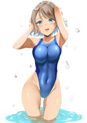  arms_behind_head arms_up blue_eyes blue_one-piece_swimsuit breasts commentary_request competition_swimsuit covered_navel cowboy_shot female grey_hair highleg highleg_swimsuit impossible_clothes impossible_swimsuit looking_at_viewer love_live! love_live!_sunshine!! medium_breasts one-piece_swimsuit ponnu_(nikeytina) short_hair solo swimsuit two-tone_swimsuit wading watanabe_you water 