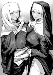  2girls asymmetrical_docking black_dress blush breast_press breasts buddhism buddhist_nun cleavage commentary_request covered_nipples dress garter_straps greyscale habit hand_on_own_chest highres ichiren_takushou kesa large_breasts licking_lips lifting_own_clothes mole mole_under_eye monochrome multiple_girls nun original robe robe_lift steam steaming_body sweat thighhighs tongue tongue_out traditional_nun 