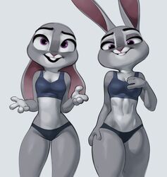  2023 4_fingers abs anthro athletic athletic_anthro athletic_female bottomwear bra breasts buckteeth cleavage clothed clothing digital_media_(artwork) disney ears_down eyebrows female fingers fur grey_background grey_body grey_fur hand_on_breast hand_on_hip hand_on_own_breast hi_res judy_hopps lagomorph leporid long_ears looking_at_viewer looking_down mammal multicolored_body multicolored_fur muscular muscular_female open_mouth open_smile pink_nose pivoted_ears purple_eyes qupostuv35 rabbit simple_background skimpy slim small_breasts smile solo sports_bra sports_panties standing teeth thick_thighs toned_stomach two_tone_body two_tone_fur underwear white_body white_fur wide_hipped_female wide_hips zootopia 