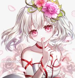  :d bare_shoulders blush breasts character_request choker collarbone commentary commission danby_merong dress female finger_to_mouth flower grey_background hair_flower hair_ornament hand_up head_tilt highres looking_at_viewer maplestory medium_breasts pink_flower pink_rose red_choker red_eyes red_flower red_ribbon ribbon rose smile solo strapless strapless_dress symbol-only_commentary twintails upper_body white_dress white_hair 