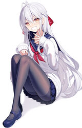  antenna_hair black_footwear black_pantyhose blue_sailor_collar blue_skirt bow braid collarbone commentary female full_body grey_hair grin hair_between_eyes hairbow highres knees_up long_hair long_sleeves neckerchief original pantyhose pleated_skirt puffy_long_sleeves puffy_sleeves red_bow red_eyes red_neckerchief ririko_(zhuoyandesailaer) saegusa_riko sailor_collar school_uniform serafuku shadow shirt shoes simple_background sitting skirt sleeves_past_wrists smile solo very_long_hair white_background white_shirt 