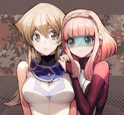  2girls aoki_(fumomo) blonde_hair bodysuit breasts commentary cyber_tutu duel_academy_uniform_(yu-gi-oh!_gx) duel_monster floral_background hair_between_eyes hairband hand_on_another&#039;s_shoulder large_breasts long_hair multiple_girls open_mouth pink_bodysuit pink_eyes pink_hair short_hair sleeveless smile symbol-only_commentary tenjouin_asuka yellow_eyes yu-gi-oh! yu-gi-oh!_gx 