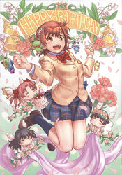  4girls absurdres birthday brown_eyes brown_hair cake food fruit gekota hair_ornament hairpin happy_birthday highres kneehighs long_hair looking_at_viewer misaka_mikoto multiple_girls open_mouth paint.net_(medium) purple_legwear raika9 saten_ruiko scan school_uniform shirai_kuroko skirt socks strawberry toaru_kagaku_no_railgun toaru_majutsu_no_index tokiwadai_school_uniform uiharu_kazari 