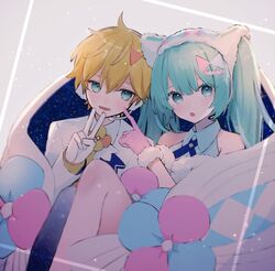  1boy aqua_eyes aqua_hair bare_shoulders blonde_hair blue_legwear commentary dress ebi_(yzpiyo039) female formal fur-trimmed_dress fur-trimmed_gloves fur-trimmed_headwear fur_trim gloves hair_ornament hatsune_miku headphones headset index_finger_raised kagamine_len long_hair looking_at_viewer magical_mirai_(vocaloid) magical_mirai_len magical_mirai_len_(2020_winter) magical_mirai_miku magical_mirai_miku_(2020_winter) open_mouth shared_clothes single_thighhigh sitting smile spiked_hair suit thighhighs twintails v vocaloid white_suit 