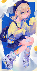  absurdres backpack bag bandaid bandaid_on_knee bandaid_on_leg beret blonde_hair earrings female hair_ornament hairclip hat highres jewelry looking_at_viewer original pleated_skirt purple_eyes ritao_kamo rubber_duck shoes skirt sleeves_past_wrists sneakers socks solo twintails white_socks 