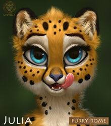  anthro blue_eyes cheetah chibi countershading felid feline female fluffy fluffy_hair fur furry_rome hair hi_res julia_(vestina) licking licking_lips licking_own_lips looking_at_viewer mammal markings open_mouth self_lick solo spots spotted_body spotted_fur the_feast_of_nero tongue tongue_out vestina 