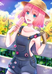  1boy blue_sky blush catherine:_full_body catherine_(game) flower green_eyes hat highres holding indoors male_focus mars_symbol open_mouth otoko_no_ko outdoors overalls pink_hair rin_(catherine) short_hair sky smile solo sunflower vanilla_tea-er venus_symbol 