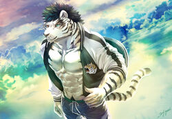  abs anthro bottomwear clothed clothing felid fur hair heterochromia jacket male mammal muscular muscular_anthro muscular_male obliques open_clothing open_jacket open_shirt open_topwear pantherine pecs shirt shorts simple_background sky_gomi solo stripes swimwear tiger topwear white_body white_fur 