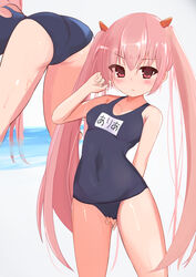  arched_back arm_behind_back ass bare_arms bare_shoulders bent_over blue_one-piece_swimsuit blush breasts cameltoe closed_mouth covered_navel cowboy_shot female frown grey_background hair_between_eyes hand_in_own_hair hand_on_own_crotch hand_up hidan_no_aria highres horn_hair_ornament horns kanzaki_h._aria long_hair looking_at_viewer miramira1908 multiple_views name_tag one-piece_swimsuit pink_hair red_eyes school_swimsuit small_breasts standing swimsuit thick_eyelashes twintails v-shaped_eyebrows very_long_hair wading wet 