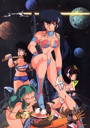  1boy 4girls absurdres animal_print armlet armor artist_request benten_(urusei_yatsura) bikini bikini_armor black_eyes black_hair blue_eyeshadow boots breasts brown_hair chains choker cleavage cone_horns eyeshadow gloves green_eyes green_hair gun hair_ornament half-closed_eyes hand_on_own_leg highleg highleg_bikini highres holding holding_gun holding_weapon horns knee_boots kneeling long_hair looking_back lum makeup miyake_shinobu moroboshi_ataru multiple_girls non-web_source official_art oni open_mouth pauldrons planet red_lips rifle sakura_(urusei_yatsura) short_hair shoulder_armor smile space spacecraft spacesuit standing_on_another&#039;s_head swimsuit tiger_print tongue tongue_out urusei_yatsura very_long_hair weapon 