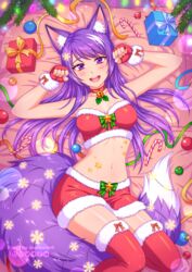  :d animal_ear_fluff animal_ears artist_name bed_sheet bell box breasts burbur candy candy_cane choker christmas christmas_ornaments commentary crop_top english_commentary female fingerless_gloves food fox_ears fox_girl fox_tail fur-trimmed_legwear fur-trimmed_skirt fur_trim gift gift_box gloves hair_spread_out hands_up highres jingle_bell long_hair looking_at_viewer lying medium_breasts midriff miniskirt mixed-language_commentary navel neck_bell on_back open_mouth original paw_pose purple_eyes purple_hair purple_nails red_gloves red_skirt red_thighhighs ribbon santa_costume skirt smile snowflakes solo tail teeth thighhighs upper_teeth_only watermark zettai_ryouiki 