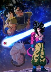  3boys absurdres armor arms_at_sides baby bardock barefoot black_hair body_fur closed_eyes closed_mouth commentary_request cross_scar dragon_ball dragon_ball_gt dragon_ball_minus dragon_ball_super dual_persona family female gine highres male_focus monkey_boy monkey_tail multiple_boys no_nipples nude pants pectorals saiyan saiyan_armor scar scar_on_cheek scar_on_face sen_(sen_5296) short_hair shoulder_armor signature sky smile son_goku space spiked_hair star_(sky) starry_sky super_saiyan super_saiyan_4 tail toenails 