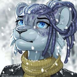  1:1 anthro blue_eyes blue_hair bust_portrait dreadlocks eyebrows eyelashes felid feline female hair hi_res legend_of_ahya leopard mammal natalia_ruyemov_(darkflamewolf) pantherine portrait riska_(artist) scarf snow snow_leopard snowflake snowing solo text url 