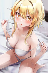  :o absurdres bare_arms bare_legs bare_shoulders barefoot bed blonde_hair blush bra breasts cleavage female genshin_impact hair_between_eyes highres holding indoors knees_out_of_frame looking_at_viewer lumine_(genshin_impact) nanashinayuzu_mochi off_shoulder open_mouth panties short_hair_with_long_locks sidelocks sitting solo strap_pull thighs underwear underwear_only undressing wariza white_bra white_panties yellow_eyes 