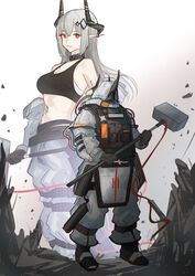  absurdres arknights bare_shoulders black_choker black_gloves black_sports_bra breasts choker crop_top female gloves grey_hair hammer highres holding holding_hammer holding_weapon horns infection_monitor_(arknights) large_breasts long_hair looking_at_viewer material_growth midriff mudrock_(arknights) multiple_views naoel_(naoel_art) navel oripathy_lesion_(arknights) pants pointy_ears red_eyes sarashi sports_bra stomach weapon white_pants 