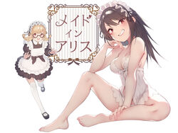  2girls barefoot black_hair blonde_hair braid breasts cleavage feet full_body glasses grin hairband highres large_breasts legs lingerie lolita_hairband long_sleeves maid medium_breasts multiple_girls negligee non-web_source open_mouth original panties photoshop_(medium) pokachu red_eyes semi-rimless_eyewear sidelocks simple_background sitting smile strap_gap sweatdrop thighhighs translated twin_braids under-rim_eyewear underwear underwear_only white_background white_legwear white_panties 