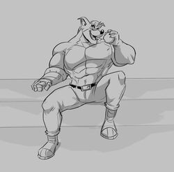  abs activision anthro bandicoot belt biceps big_muscles bodily_fluids boots bottomwear closed_eyes clothed clothing crash_(series) crunch_bandicoot footwear fur greyscale hi_res male mammal marsupial monochrome muscular muscular_anthro muscular_male pants pecs polartoons solo topless 