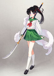  absurdres black_footwear black_hair blush commentary_request cosplay embarrassed female full_body green_sailor_collar green_skirt grey_background han&#039;you_no_yashahime highres higurashi_kagome higurashi_kagome_(cosplay) inuyasha kneehighs legs long_hair multicolored_hair naginata pink_eyes polearm ponytail sailor_collar school_uniform serafuku setsuna_(inuyasha) shirt shoes simple_background skirt skirt_tug socks solo streaked_hair thighs weapon white_shirt white_socks zero_(miraichizu) 