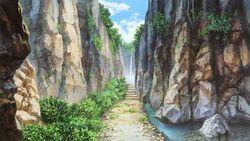  atelier_pocket bush cliff cloud cloudy_sky commentary_request day foliage grass nature no_humans original outdoors path plant rock scenery sky stairs water 