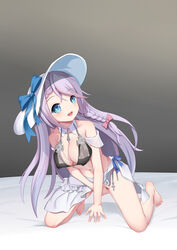  :d absurdres arm_support armpit_crease ass_visible_through_thighs azur_lane bare_shoulders barefoot bed_sheet bikini black_bikini blue_eyes blue_ribbon blush bow braid breasts cleavage clothes_lift collarbone commentary_request covered_nipples cross crotch_grab detached_collar female french_braid full_body grey_background grey_hair hair_between_eyes hair_ribbon hanging_breasts hat hat_bow head_tilt highres jewelry kneeling large_breasts lifting_own_clothes long_hair looking_at_viewer midriff navel official_alternate_costume open_mouth ribbon sarong sarong_lift see-through shadow sidelocks simple_background smile solo striped striped_ribbon sun_hat swimsuit teeth the_hermit upper_teeth_only very_long_hair vestal_(azur_lane) vestal_(revigorating_hestia)_(azur_lane) white_hat white_sarong 