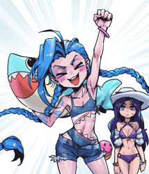  2girls :d arm_up bare_shoulders bikini black_hair blue_hair blue_shorts blush bracelet braid caitlyn_(league_of_legends) clenched_hand closed_eyes closed_mouth collarbone cowboy_shot holding jewelry jinx_(league_of_legends) league_of_legends long_hair multiple_girls navel o-ring o-ring_bikini pale_skin phantom_ix_row pool_party_caitlyn purple_bikini shorts smile stomach sweatdrop swimsuit teeth twin_braids upper_teeth_only very_long_hair white_headwear 