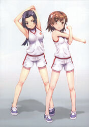  2girls absurdres armpits bare_arms bare_shoulders blush breasts brown_eyes brown_hair cross-body_stretch flower full_body gym_shorts gym_uniform hair_flower hair_ornament highres kongou_mitsuko looking_at_viewer medium_breasts misaka_mikoto multiple_girls paint.net_(medium) raika9 scan shirt shoes short_shorts shorts sleeveless sleeveless_shirt small_breasts smile sneakers sportswear stretching toaru_kagaku_no_railgun toaru_majutsu_no_index white_footwear white_shirt white_shorts 