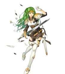  armor belt boots breastplate broken_armor female fire_emblem fire_emblem:_the_sacred_stones fire_emblem_heroes full_body gloves gold_trim green_eyes green_hair hand_up headband highres holding holding_sword holding_weapon long_hair looking_away miniskirt non-web_source official_art open_mouth pantyhose pavilionushima sheath short_sleeves shoulder_armor shoulder_pads skirt solo sword syrene_(fire_emblem) thigh_boots torn_belt torn_clothes torn_pantyhose transparent_background weapon 