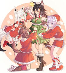  4girls absurdres adapted_costume ahoge alternate_costume animal_ear_fluff animal_ears aqua_eyes bad_id bad_twitter_id bell black_footwear black_hair black_thighhighs blush boots braid breasts brown_footwear brown_hair cat_ears cat_tail christmas christmas_ornaments christmas_tree_costume cleavage cleavage_cutout closed_mouth clothing_cutout commentary detached_collar dog_ears dog_tail dress fake_antlers fake_facial_hair fake_mustache fake_nose fox_ears fox_tail full_body fur-trimmed_boots fur-trimmed_skirt fur_trim green_dress hair_between_eyes hair_ornament hat highres hololive hololive_gamers hood hoodie inugami_korone inugami_korone_(1st_costume) jacket kiukoma kneeling light_purple_hair lips long_hair looking_at_another medium_breasts medium_hair midriff midriff_peek miniskirt multicolored_hair multiple_girls navel nekomata_okayu nekomata_okayu_(casual) ookami_mio open_mouth orange_background orange_eyes pleated_skirt pom_pom_(clothes) ponytail purple_eyes red_footwear red_hair red_headwear red_hoodie red_jacket red_nose red_shorts red_skirt red_socks santa_costume santa_hat shirakami_fubuki shirakami_fubuki_(1st_costume) short_hair short_shorts shorts side_braid side_slit simple_background single_braid single_thighhigh skirt small_breasts smile socks standing standing_on_one_leg star_(symbol) star_ornament streaked_hair striped_clothes striped_socks tail thigh_strap thighhighs two-tone_hair two-tone_legwear virtual_youtuber white_background white_hair white_legwear white_shorts wide_sleeves wolf_ears wolf_girl wolf_tail 