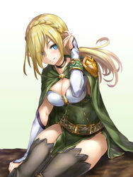  belt bertha_(valkyrie_connect) black_legwear blonde_hair blue_eyes braid breasts capelet cleavage cloak closed_mouth elf female hair_over_one_eye highres long_hair pointy_ears potato_tacos sitting smile solo valkyrie_connect white_background 