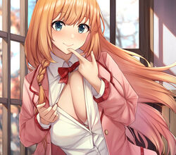  blazer blonde_hair blue_eyes blush bow bra braid breasts cleavage closed_mouth commentary_request curvy female hair_over_shoulder jacket kannko_bokujou large_breasts long_hair open_clothes open_jacket open_shirt pecorine_(princess_connect!) pink_jacket princess_connect! red_bow school_uniform shirt single_braid smile solo tsubakigaoka_metropolitan_high_school_uniform underwear upper_body white_bra white_shirt window 