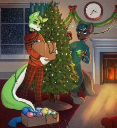  anthro black_nose blue_eyes bow_(feature) canid canine canis chair christmas christmas_clothing christmas_decorations christmas_headwear christmas_lights christmas_ornament christmas_tree clock clothed clothing damian_the_wolfdog decoration decorative degitigrade digital_media_(artwork) domestic_dog duo festive fidget_the_fox fire fireplace fox fur furniture garland green_body green_eyes green_fur hair headgear headwear hi_res holidays hybrid lights male mammal night ornament pajama_pants pajama_shirt pajamas plant rug smile snow spots tree white_body white_fur winter wolf wolfdog zemnovodnoe 