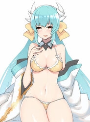  anoshabu aqua_hair bad_id bad_pixiv_id bare_shoulders bikini blush bow breasts cleavage collarbone dragon_horns fate/grand_order fate_(series) female horns japanese_clothes kimono kiyohime_(fate) kiyohime_(swimsuit_lancer)_(fate) kiyohime_(swimsuit_lancer)_(first_ascension)_(fate) large_breasts long_hair long_sleeves looking_at_viewer low_twintails multiple_horns navel off_shoulder open_clothes open_kimono open_mouth simple_background smile solo swimsuit twintails very_long_hair white_background white_kimono yellow_bikini yellow_bow yellow_eyes 