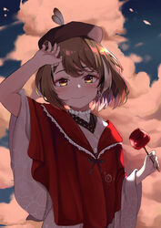  absurdres beret braid braided_bangs brown_eyes brown_hair candy_apple cloud cloudy_sky commentary earrings feathers feijai female floral_print food hat highres hololive hololive_english japanese_clothes jewelry kimono md5_mismatch multicolored_hair nanashi_mumei nanashi_mumei_(new_year) official_alternate_costume print_kimono red_shawl ribbon shawl single_earring sky smile solo streaked_hair sunset virtual_youtuber white_kimono wide_sleeves 