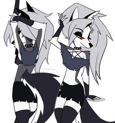  2023 anthro black_bottomwear black_clothing black_collar blue_clothing blue_topwear bottomwear canid canid_demon canine canine_demon clothed clothing collar demon ear_piercing ear_ring female front_view fur grey_body grey_clothing grey_fur grey_hair grey_legwear hair hellhound helluva_boss hi_res legwear looking_at_viewer loona_(helluva_boss) mammal mouth_closed mythological_canine mythological_creature mythology narrowed_eyes piercing pose rear_view red_sclera ring_piercing shermugi simple_background solo spiked_collar spikes topwear white_background white_body white_eyes white_fur 