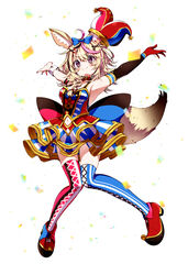  absurdres ahoge animal_ears armpits bare_shoulders bird blonde_hair blush bow braid breasts clothing_cutout cuff_links elbow_gloves female fox_ears fox_girl fox_tail gloves hair_ornament hands_up hat highres hololive ichijo_rei jumping knees_together_feet_apart long_hair looking_at_viewer multicolored_hair navel navel_cutout omaru_polka omaru_polka_(1st_costume) open_mouth outstretched_arms pink_hair purple_eyes single_glove smile streaked_hair tail tutu virtual_youtuber 