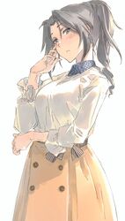  alice_gear_aegis black_hair blue_eyes blush breasts buttons closed_mouth collared_shirt earrings female jewelry large_breasts long_hair long_sleeves looking_at_viewer orange_skirt polka_dot ponytail shirt simple_background skirt solo suzumaru white_background white_shirt yamano_kaoruko 