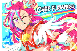  aqua_hair character_name commentary cure_flamingo dark_skin earrings feather_earrings feathers female fingerless_gloves gloves grin hair_ornament hitopm jewelry long_hair looking_at_viewer magical_girl midriff multicolored_hair one_eye_closed pointing precure purple_eyes rainbow red_hair sleeveless smile takizawa_asuka tropical-rouge!_precure two-tone_hair upper_body very_long_hair white_gloves 