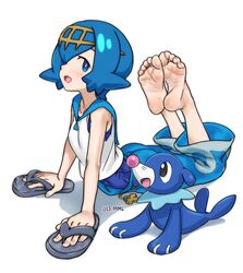  5_toes ambiguous_gender belt black_eyes blue_body blue_bottomwear blue_clothing blue_eyes blue_hair blue_neckwear blue_pants bottomwear clothing duo feet female fin foot_focus footwear freckles generation_7_pokemon hair headgear headwear hi_res human lana_(pokemon) legs_up long_ears mammal marine nintendo open_mouth pants paws pink_nose pinniped pokemon pokemon_(species) popplio pose shirt shoes short_hair slippers smile soles swimwear swimwear_under_clothing toes topwear tsukimaru whiskers white_body white_clothing white_shirt white_skin white_topwear yellow_clothing yellow_headwear young 