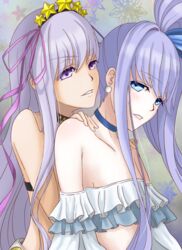  2girls bare_shoulders bb_(fate) bb_(swimsuit_mooncancer)_(fate) bb_(swimsuit_mooncancer)_(second_ascension)_(fate) bikini blue_eyes blue_ribbon blush breasts choker collarbone earrings fate/grand_order fate_(series) frilled_bikini frills hair_ornament hair_ribbon hairband hands_on_another&#039;s_shoulders jewelry long_hair long_sleeves looking_at_viewer meltryllis_(fate) meltryllis_(swimsuit_lancer)_(fate) meltryllis_(swimsuit_lancer)_(third_ascension)_(fate) multiple_girls niizuma_444 off-shoulder_bikini off_shoulder puffy_sleeves purple_bikini purple_eyes purple_hair purple_ribbon ribbon side_ponytail small_breasts star_(symbol) star_hair_ornament swimsuit tan very_long_hair white_bikini 