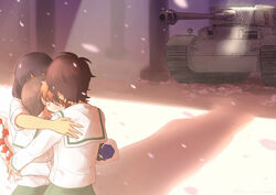  4girls blouse blue_flower blue_rose bob_cut brown_hair cherry_blossoms closed_eyes commentary crying dark-skinned_female dark_skin day emblem flower freckles girls_und_panzer graduation green_skirt group_hug highres holding holding_flower hora_maru_mate hoshino_(girls_und_panzer) hug leopon_(animal) long_sleeves military military_vehicle motor_vehicle multiple_girls nakajima_(girls_und_panzer) ooarai_school_uniform open_mouth pleated_skirt red_flower rose school_uniform serafuku shadow shirt short_hair skirt sleeves_rolled_up smile standing suzuki_(girls_und_panzer) tank tears tiger_(p) tsuchiya_(girls_und_panzer) twitter_username white_shirt 