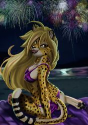  2017 anthro arm_tuft ass bikini black_lips black_nose black_pawpads black_spots black_stripes blonde_hair breasts cheek_tuft cheetah chest_tuft claws clothed clothing digital_media_(artwork) exposure_variation facial_tuft felid feline female fireworks fur hair hi_res hindpaw inner_ear_fluff lips long_hair looking_at_another looking_back mammal markings mihari mtapartstuff night nipple_outline open_mouth pawpads paws purple_bikini purple_clothing purple_swimwear shoulder_tuft signature sitting solo spots spotted_body spotted_fur spotted_markings spotted_tail striped_body striped_fur striped_markings striped_tail stripes swimwear tail tail_markings teeth toe_claws tuft water yellow_body yellow_eyes yellow_fur 