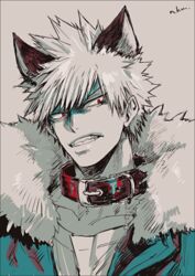  1boy animal_ear_request animal_ears bakugou_katsuki boku_no_hero_academia buckle chains clenched_teeth coat collar collarbone fur_collar green_coat male_focus mkm_(mkm_storage) monochrome pen_(medium) red_eyes simple_background solo spiked_hair teeth white_background 