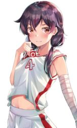  absurdres adjusting_shirt bandaged_arm bandages bare_shoulders basketball_uniform blush breasts brown_eyes closed_mouth clothes_lift commentary cowboy_shot female hair_between_eyes highres jersey kanbaru_suruga lifting_own_clothes long_hair looking_at_viewer midriff monogatari_(series) navel purple_hair shirt shirt_lift shorts simple_background small_breasts solo sportswear tank_top twintails white_background white_shirt white_shorts yuunamida_uyu 