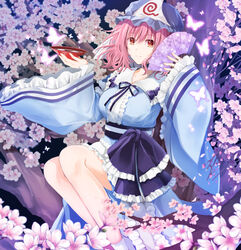  alcohol blue_hat blue_kimono blush branch breasts bug butterfly center_frills cherry_blossoms closed_mouth commentary cup eyelashes falling_petals feet_out_of_frame female frilled_sash frilled_sleeves frills hand_fan hat highres holding in_tree japanese_clothes kimono large_breasts long_sleeves looking_at_viewer maya_(tirolpop) mob_cap neck_ribbon petals pink_eyes pink_hair purple_sash ribbon saigyouji_yuyuko sakazuki sake sash short_hair sitting sitting_in_tree smile socks solo touhou tree triangular_headpiece white_socks wide_sleeves 