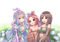  3girls animal_ears armlet bangs_pinned_back bare_shoulders bird_ears blush breasts brown_eyes brown_feathers brown_hair brown_wings cleavage commentary_request commission feathers green_eyes hair_between_eyes harpy highres large_breasts long_hair lucretia_(mon-musu_quest!) matsu520 medium_hair midriff mon-musu_quest! mon-musu_quest:_paradox monster_girl multiple_girls navel open_mouth pii_(mon-musu_quest!) pina_(mon-musu_quest!) plunging_neckline purple_feathers purple_hair purple_wings siblings sisters skeb_commission smile tiara very_long_hair winged_arms wings 